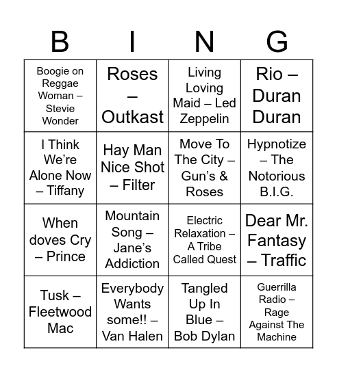 Mean Max Music Bingo Card