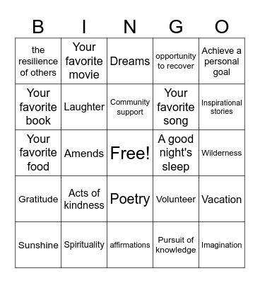Hope in Recovery Bingo Card