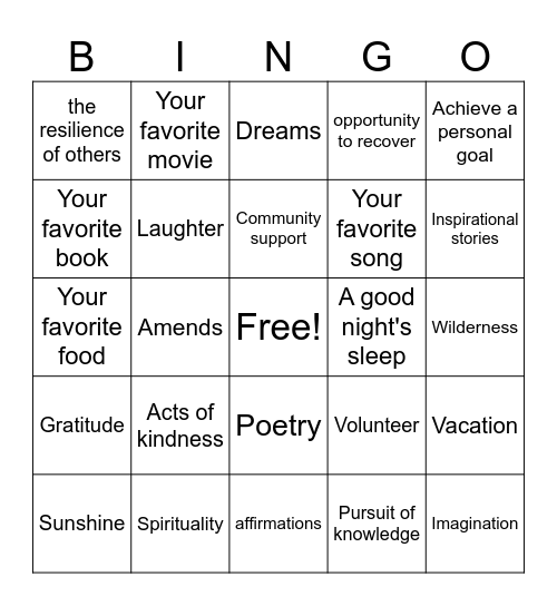 Hope in Recovery Bingo Card
