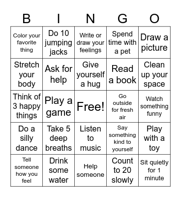 Coping Skills Bingo Card
