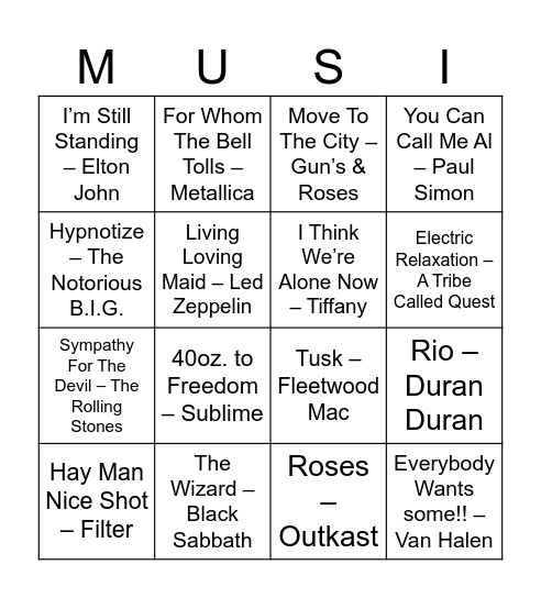 Mean Max Music Bingo with DJ Buck-Lee Bingo Card