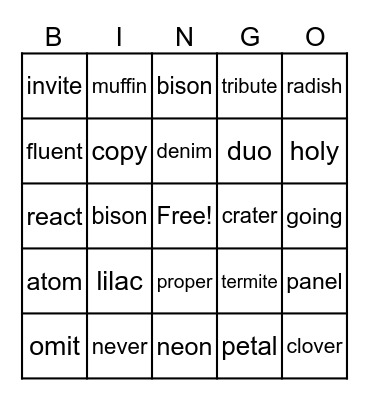 Syllable Division Bingo Card