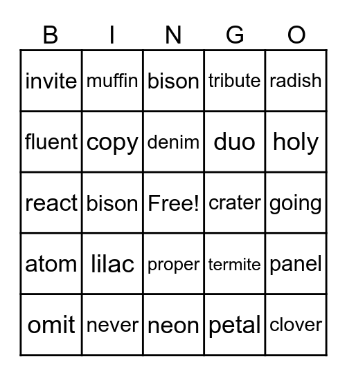 Syllable Division Bingo Card