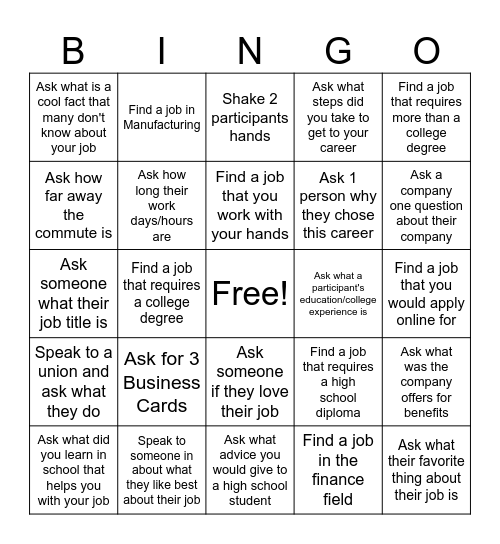 Career Fair BINGO Card