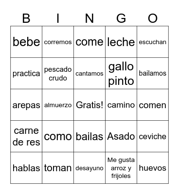 AR/ER verbs & Vocab Bingo Card