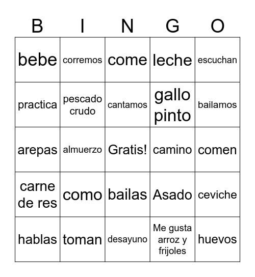 AR/ER verbs & Vocab Bingo Card