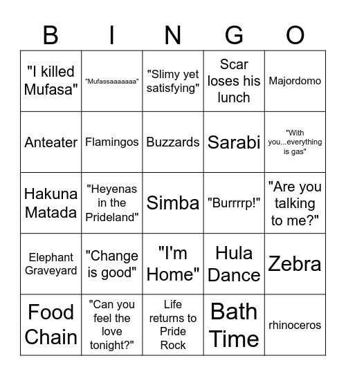 Lion King Bingo Card