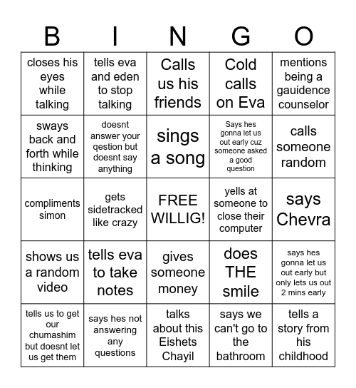 FREE WILLIG Bingo Card