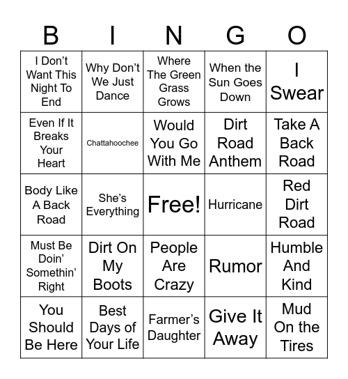 (v) Country Round 1 Bingo Card