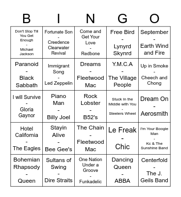 Juke Box Bingo 70's Edition Bingo Card