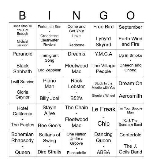 Juke Box Bingo 70's Edition Bingo Card
