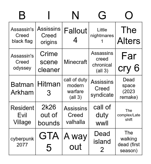 Main story completion Bingo Card