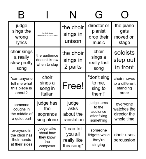 Choir Festival Bingo Card