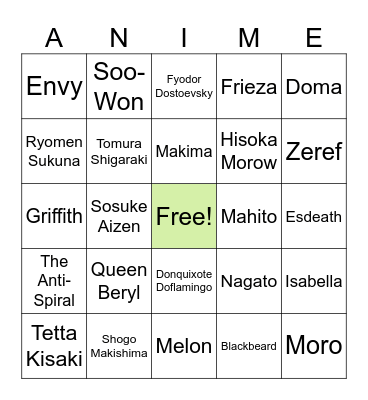 Anime Bingo: Villains Bingo Card