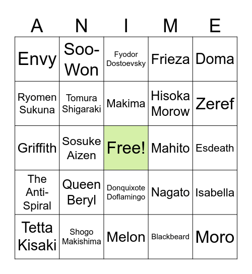 Anime Bingo: Villains Bingo Card