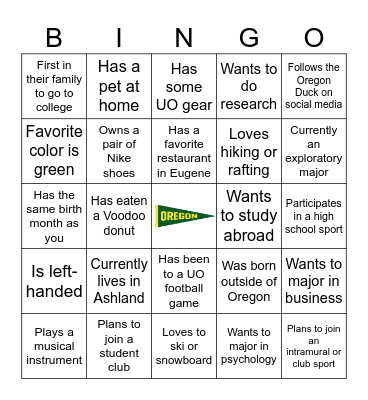 University of Oregon BINGO Card