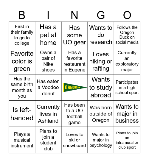 University of Oregon BINGO Card