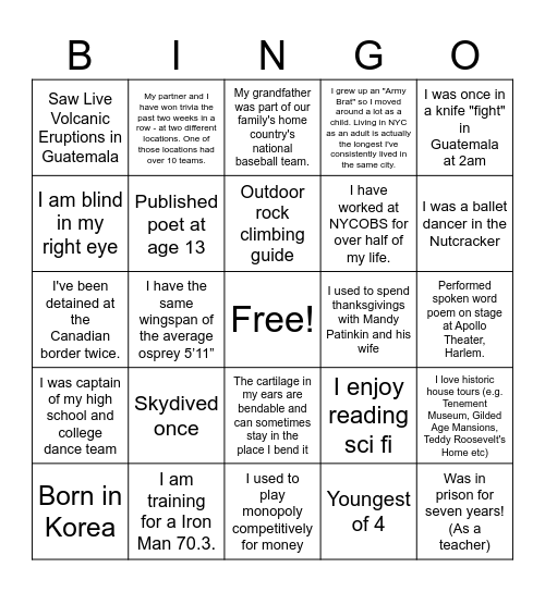 Humans of NYCOBS Bingo Card