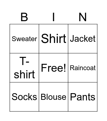 Clothes Bingo Card