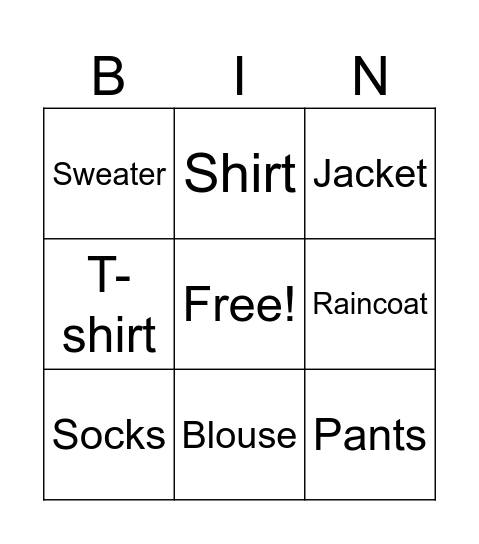 Clothes Bingo Card