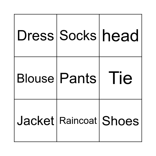 Clothes Bingo Card