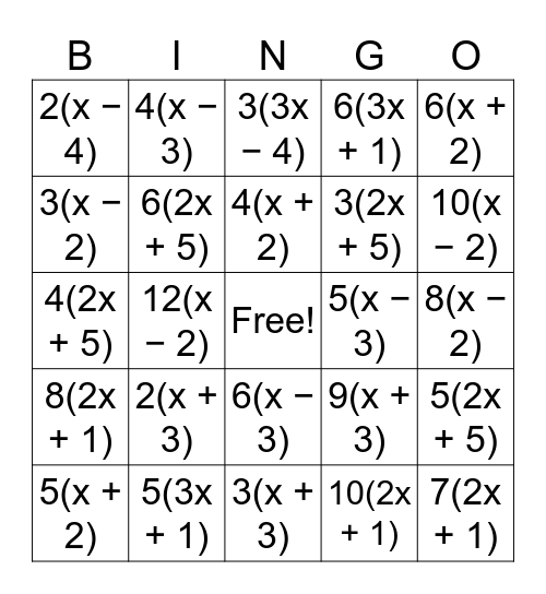 Factoring Bingo Card