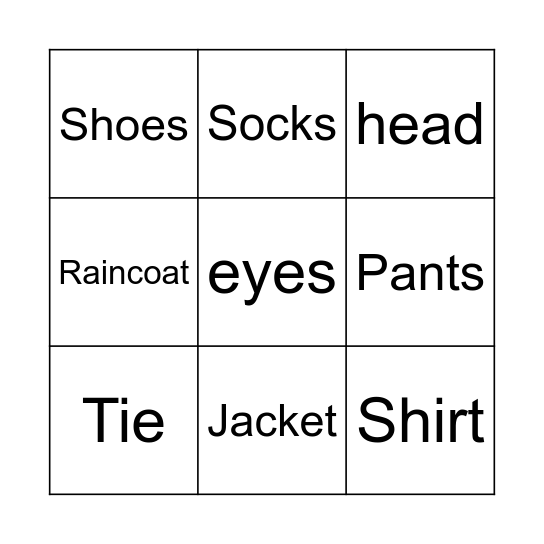 Clothes Bingo Card