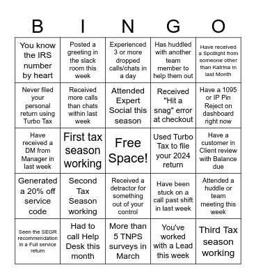 Turbo Tax Bingo 2025 Bingo Card