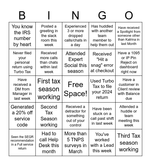 Turbo Tax Bingo 2025 Bingo Card