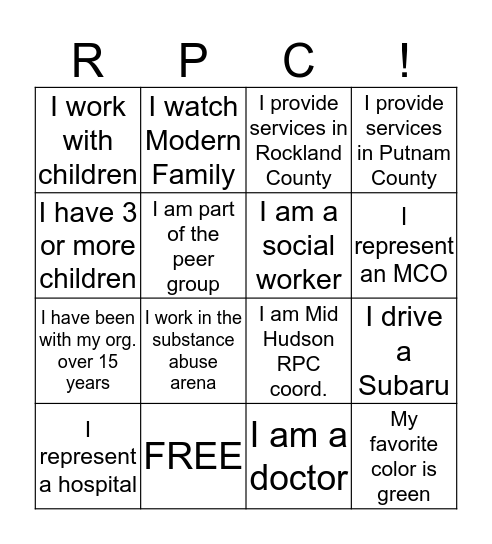 Mid Hudson RPC Bingo Card