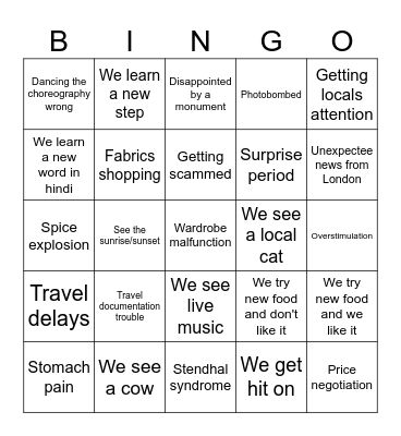 India trip 2026 Bingo Card