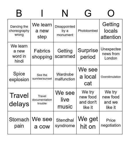 India trip 2026 Bingo Card
