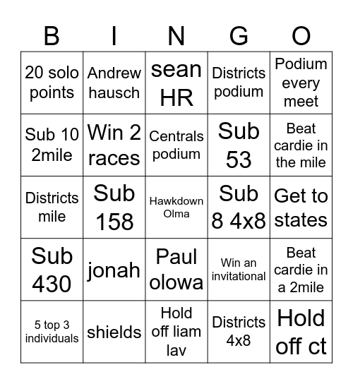 Track Bingo Card