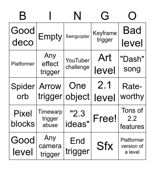 Geometry Dash 2.2 Recent Tab Bingo Card