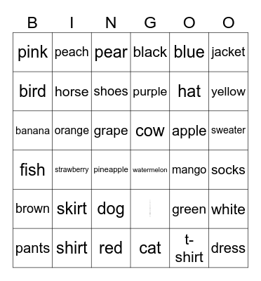 English Bingo Card
