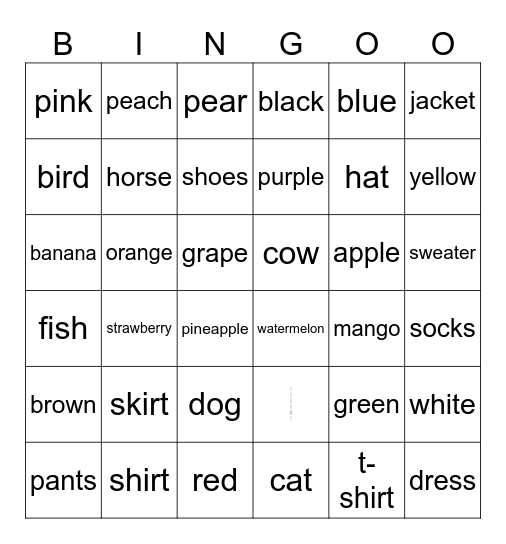 English Bingo Card