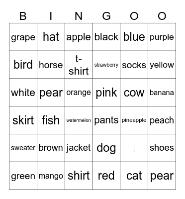 English Bingo Card