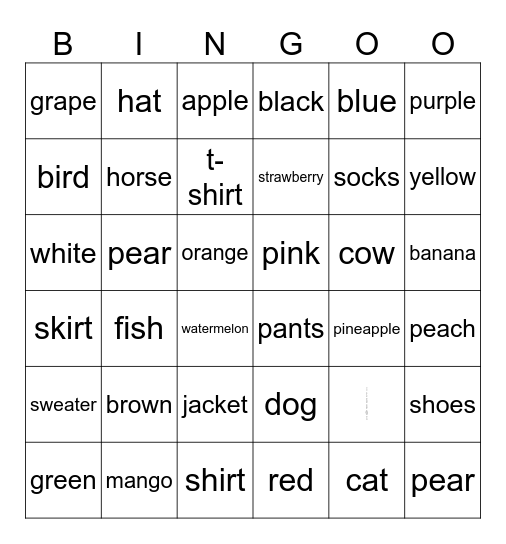 English Bingo Card