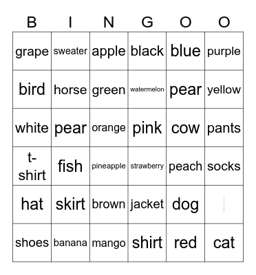 English Bingo Card