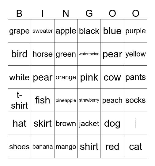 English Bingo Card