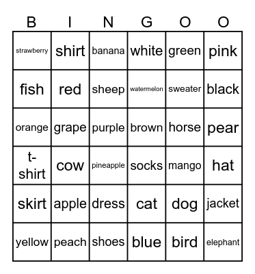 English Bingo Card