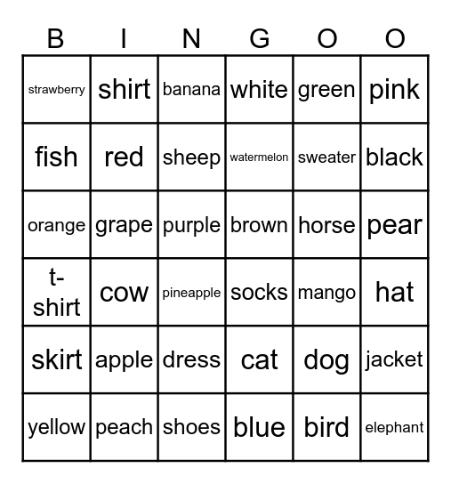 English Bingo Card