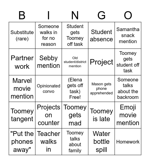 Toomey Bingo Card