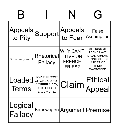 Elements of Persuasive Text Bingo Card