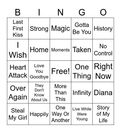 One Direction Bingo Card