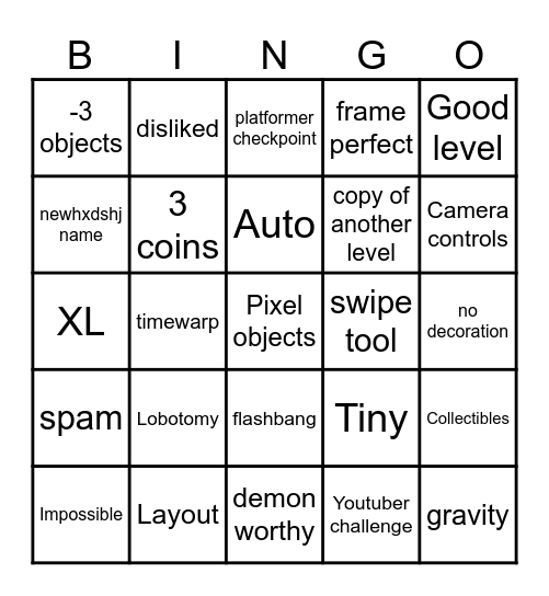 Geometry dash recent tab Bingo Card
