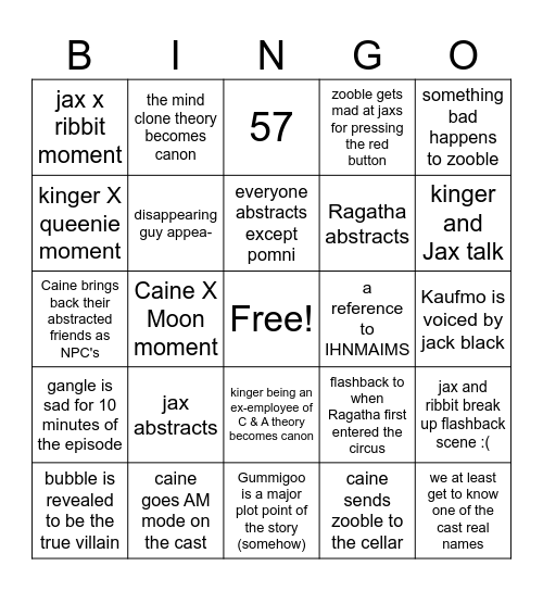 the amazing digital circus episode 8 Bingo Card