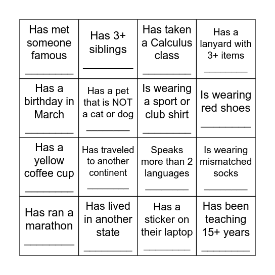 Find a Teacher Who... Bingo Card