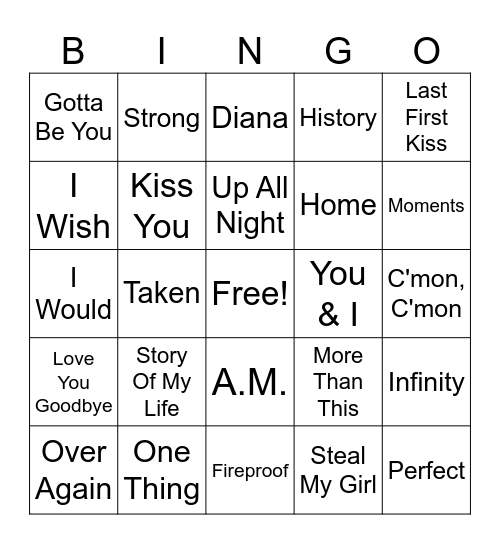 One Direction Bingo Card