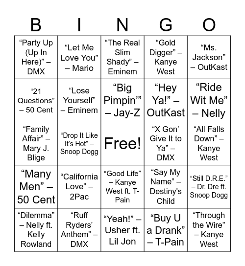 Rap 90s and 2000s Bingo Card